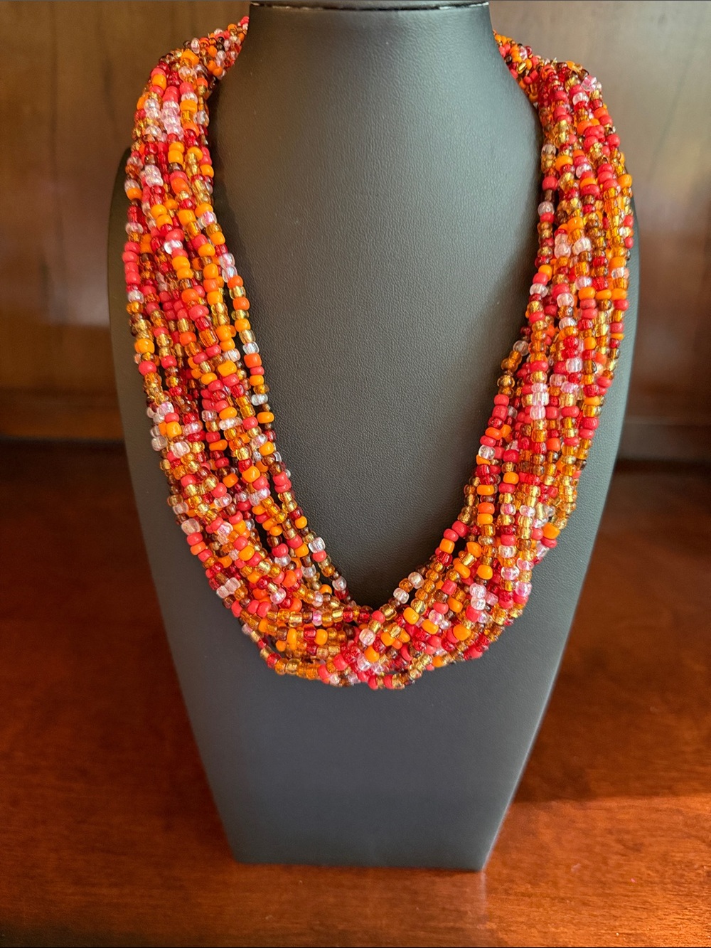 Multi-Strand Seed Bead Necklace in Red & Orange